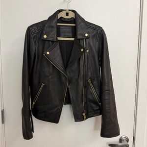 All Saints Black Leather Biker Jacket with Gold Hardware